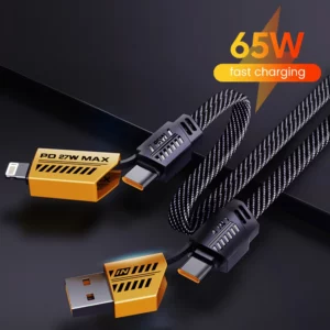 4-i-1 multifunktionell 65W snabb 6A datakabel.  Mobil laddningskabel lämplig för iPhone Huawei Samsung och Xiaomi.