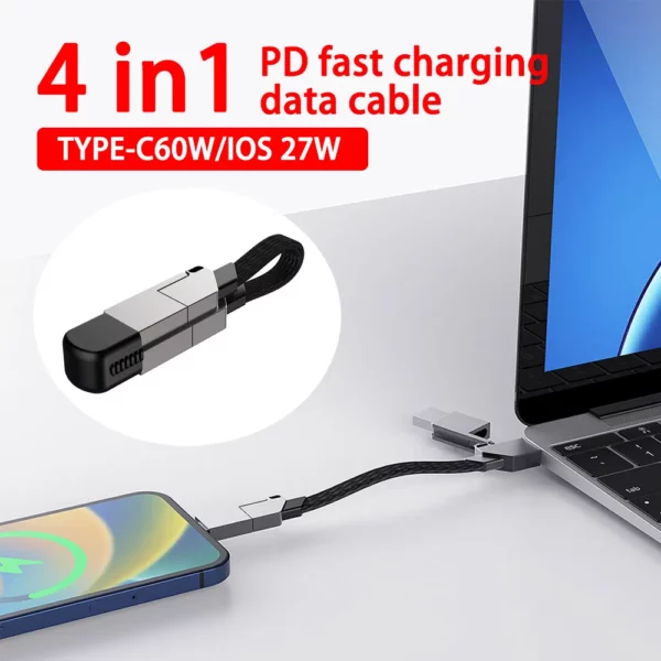 4 i 1 Multi Snabbladdningskabel, Nyckelring PD för iPhone Lightning 27W, Andriod TYPE-C 60W QC 27W Snabbladdningsdatakabel Nyckelchai, Smart  och smidig laddningskabel. Perfekt pryl som är lätt att ta med sig. - Bild 2