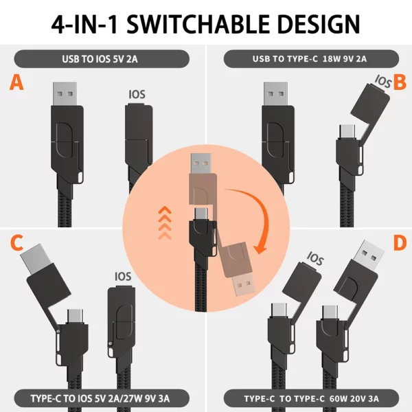 4 i 1 Multi Snabbladdningskabel, Nyckelring PD för iPhone Lightning 27W, Andriod TYPE-C 60W QC 27W Snabbladdningsdatakabel Nyckelchai, Smart  och smidig laddningskabel. Perfekt pryl som är lätt att ta med sig. - Bild 6