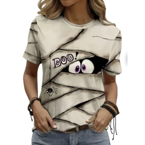 T-shirt för kvinnor Halloween-mumifiering, Peep Monster, 3D-tryck T-shirt för kvinnor, Mode, Kortärmad T-shirt med rund hals för kvinnor.